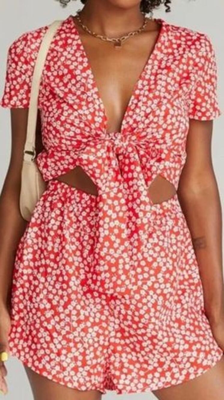 Princess Polly Red Floral Royal Wrap Top Elastic Waist  Romper Size 8